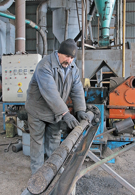 Ось такі брикети із соняшникових відходів виготовляє оператор Сергій Богатиренко. Фото Володимира КОВАЛЕНКА